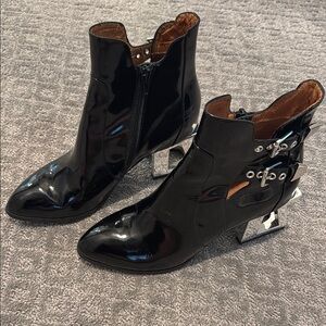 Black Patent Leather Ankle Boots with Silver Accents